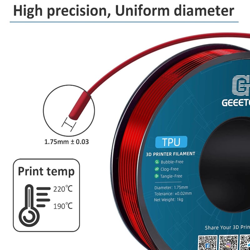 Geeetech TPU Filament 1.75mm, 1KG (2.2lbs) Spool – 95A Flexible 3D Printer Filament with High Elasticity, Dimensional Accuracy ±0.03mm, Fits Most FDM Printers, Clear Red - Image 3